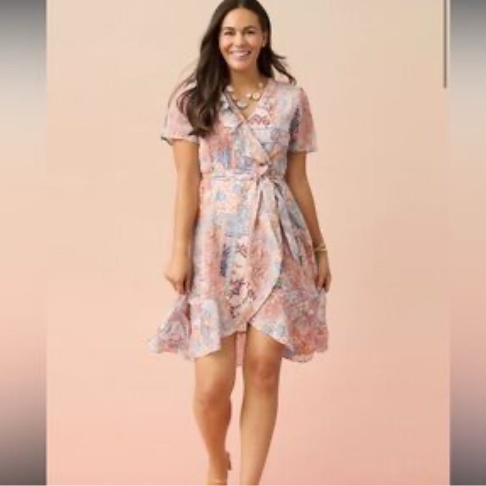 Coco and Carmen NWT Pastel Floral Faux  Wrap Dress‎ Pink and Blue Small